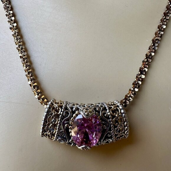 Necklace w Slide Pendant 17" Oval Pink Gem Ornate 925 Sterling Gold Plated 22.3g - Picture 3 of 12
